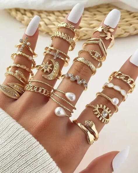 Women Set of 23 Gold-Plated Stone-Studded Stackable Rings 1