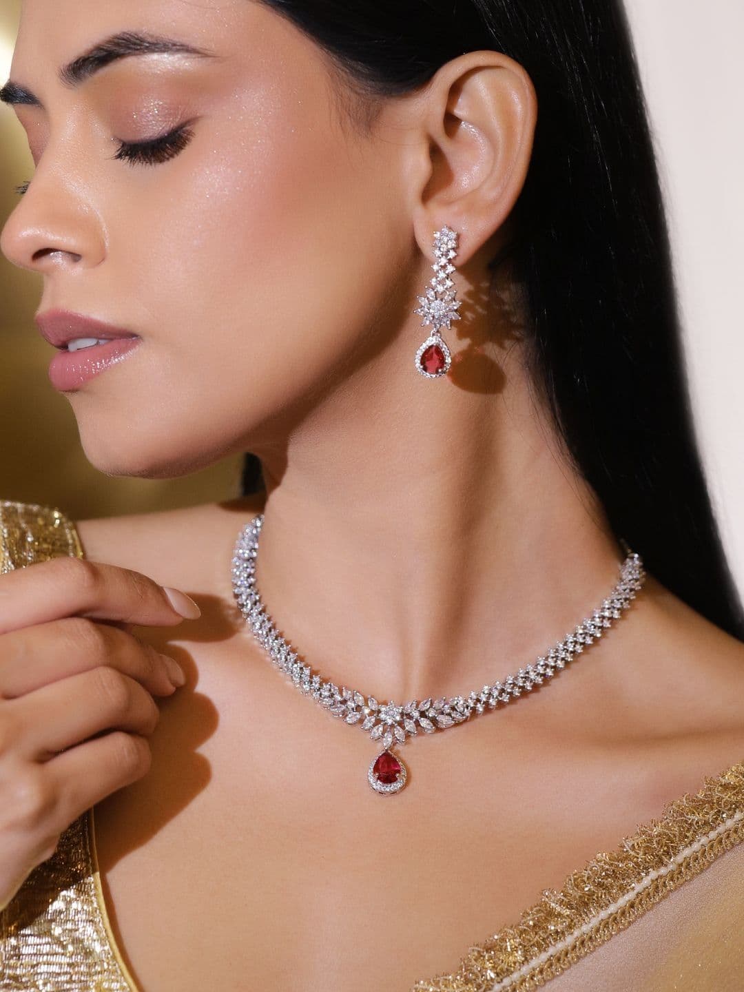 Rubans Rhodium-Plated Cubic Zirconia & Ruby Red Stone Studded Drop Necklace Set 1