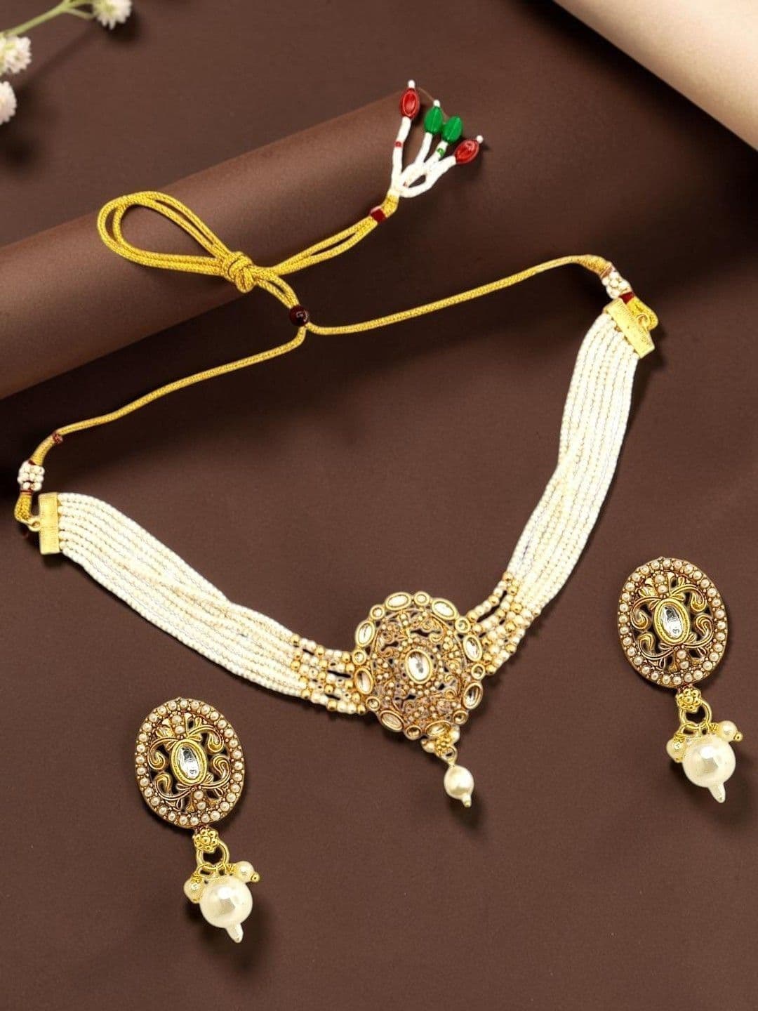 FEMMIBELLA Gold-Plated Choker Kundan Necklace and Earrings 1
