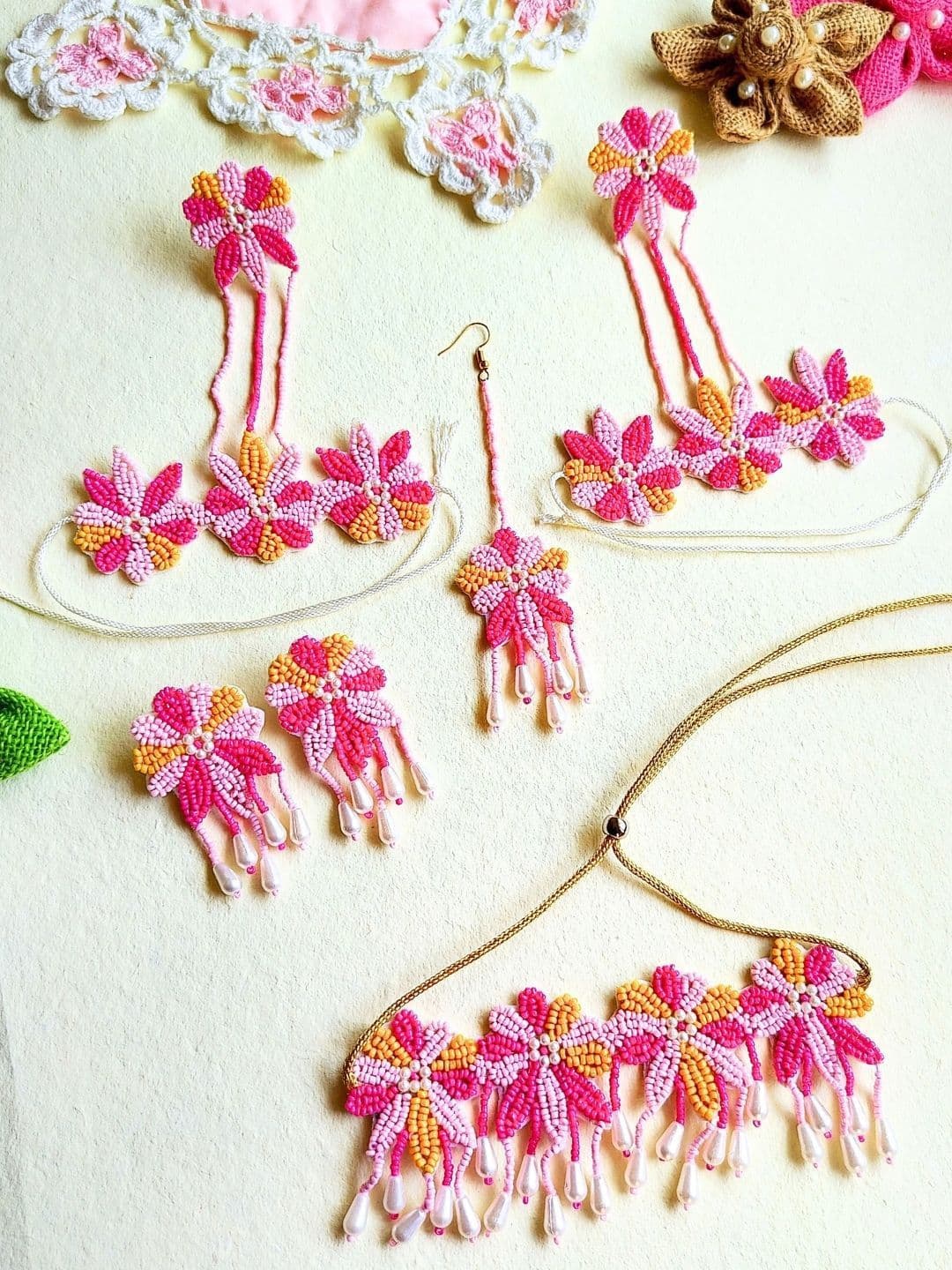 Sangria Gold Plated Floral Beaded Tasselled Jewellery Set 1