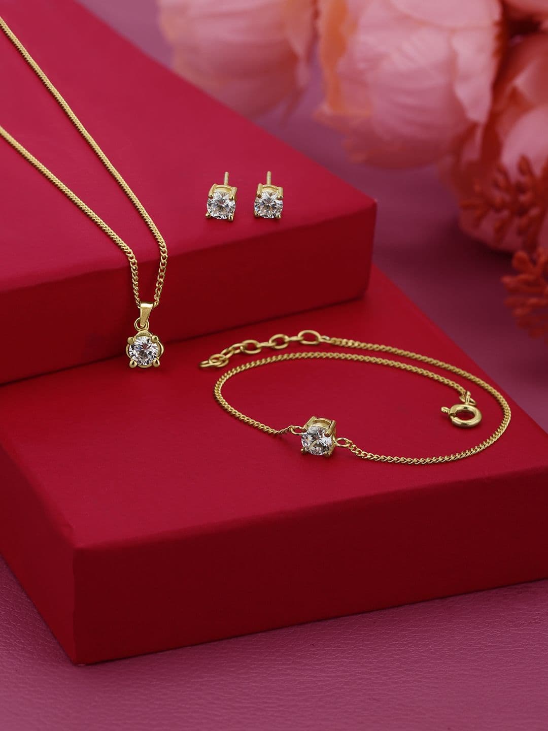 Carlton London 18kt Gold Plated CZ Dangling Solitaire Jewellery Gift Set 1